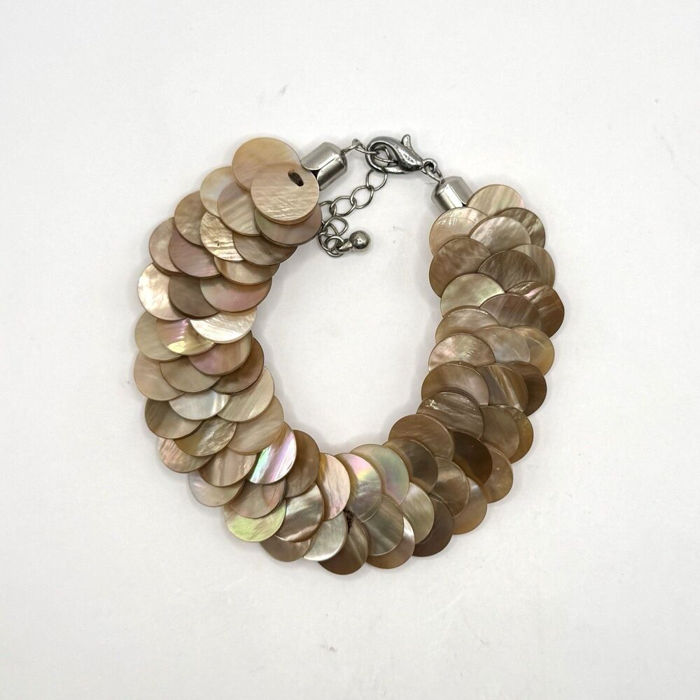 Mother of Pearl Shell Disc Bracelet Mermaid Boho Coastal Statement Iridescent